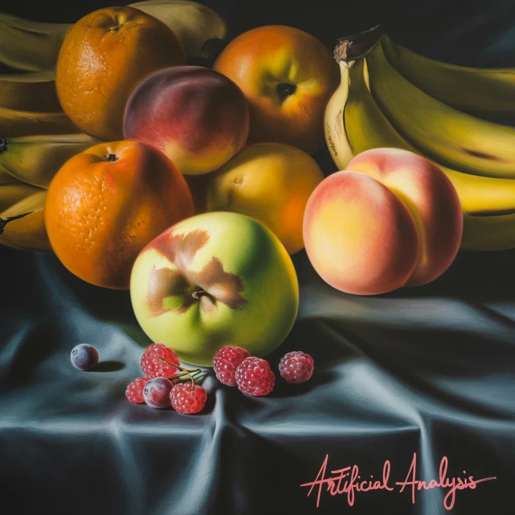 A still life scene painted oil on canvas, comprising various fruits on a black table cloth with striking lighting coming from the right out of frame, creating strong shadows. A bruised green apple is in the foreground, a peach behind it, and behind that a melange of oranges and bananas in various states of ripeness. Berries are strewn in front of the apple. The artist has signed his name "Artificial Analysis" in the bottom right corner in a hurried fashion.