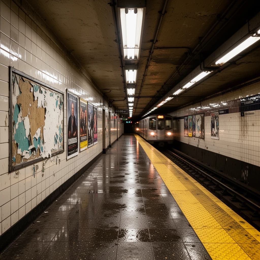 A subterranean subway platform with glossy tiles, peeling posters, flickering fluorescent lights, yellow safety line, and a distant train coming; slightly damp, echoes carry.