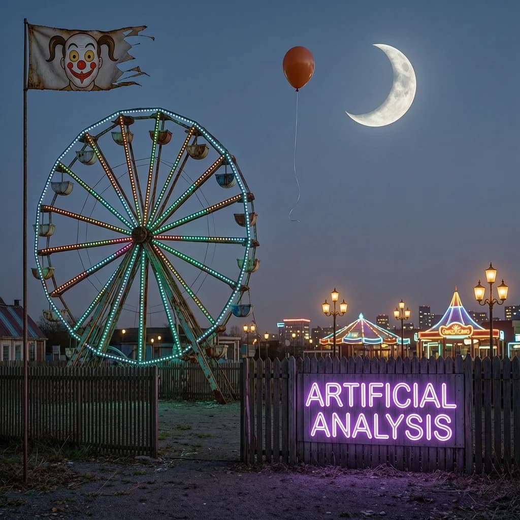A deserted amusement park glows faintly under a half-moon. The ferris wheel is rusting yet strung with fresh, blinking LED lights. A torn clown banner flaps in a windless air. A lone balloon floats upward, tethered to nothing, while in the far distance city lights flicker on - some neon, some gas lamps as though from another century. 'Artificial Analysis' glows in neon