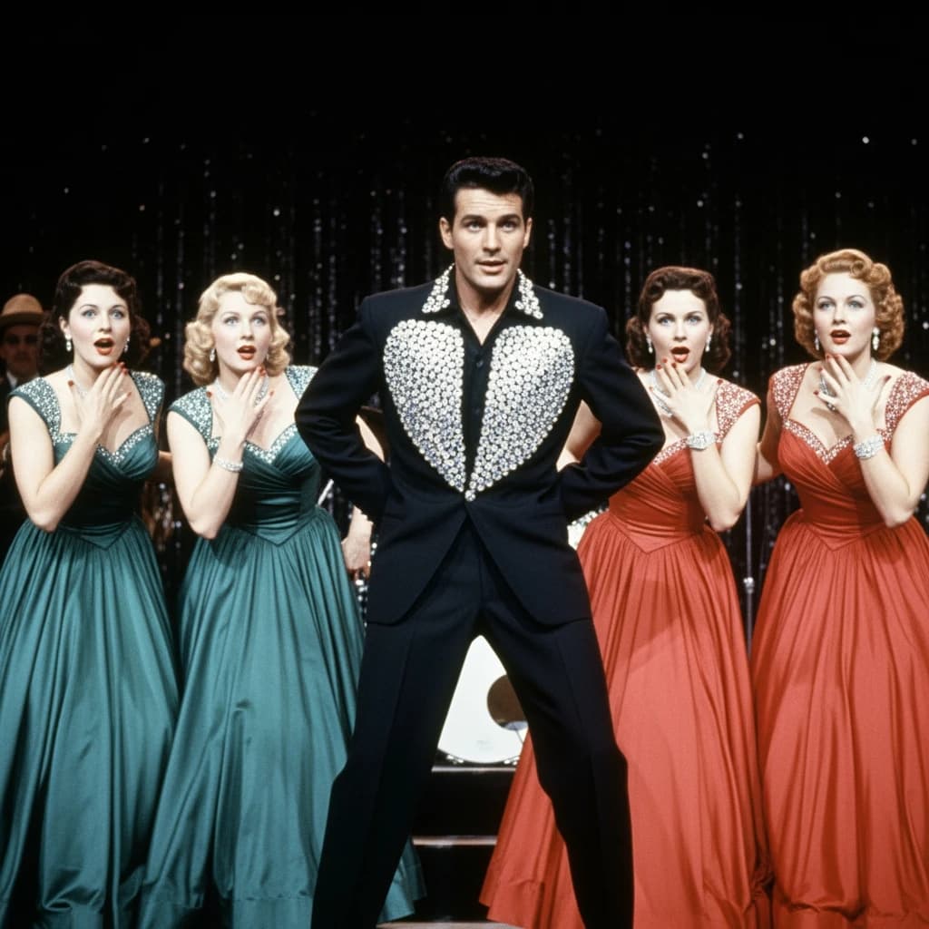 An archival image from 1953 of the rock singer swinging his hips on the stage while glamorous back up singers feign shock at his gyrations! He wears a diamond encrusted jacket with the stones arranged in the shape of a heart