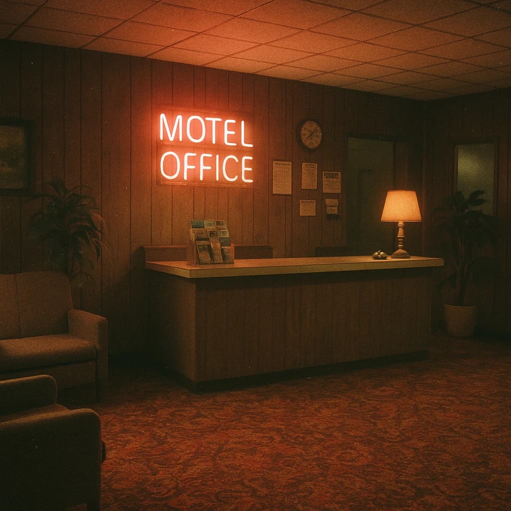Show a faded 70s motel lobby with humming neon, sticky carpet, film grain.