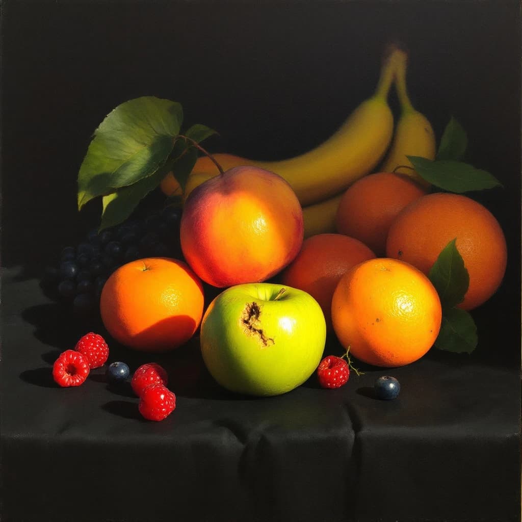 A still life scene painted oil on canvas, comprising various fruits on a black table cloth with striking lighting coming from the right out of frame, creating strong shadows. A bruised green apple is in the foreground, a peach behind it, and behind that a melange of oranges and bananas in various states of ripeness. Berries are strewn in front of the apple. The artist has signed his name "Artificial Analysis" in the bottom right corner in a hurried fashion.