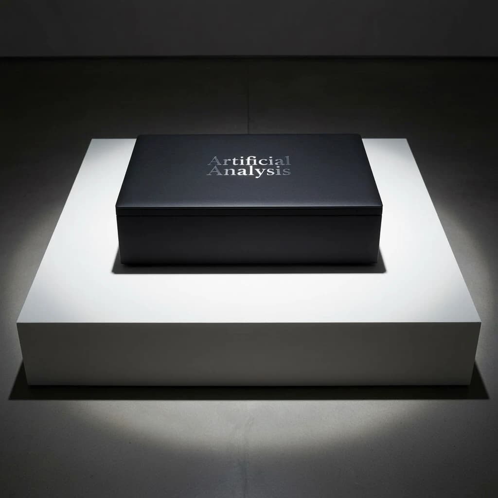 A premium matte black laptop-sized box rests on a pure white pedestal within a gallery space. Overhead, a single spotlight carves sharp contrast, leaving the edges in deep shadow. The brand name Artificial Analysis is embossed in silver foil, glinting faintly as though it were jewelry.