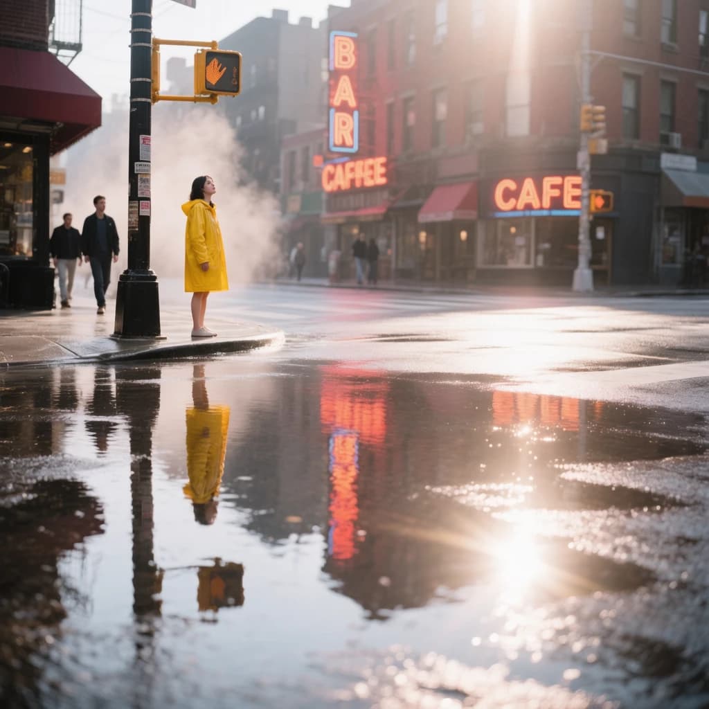 A sunlit city street after rain; puddles mirror neon signs as a woman in a yellow raincoat waits at a crosswalk, soft mist, 50mm look, natural tones, a bit of film grain.