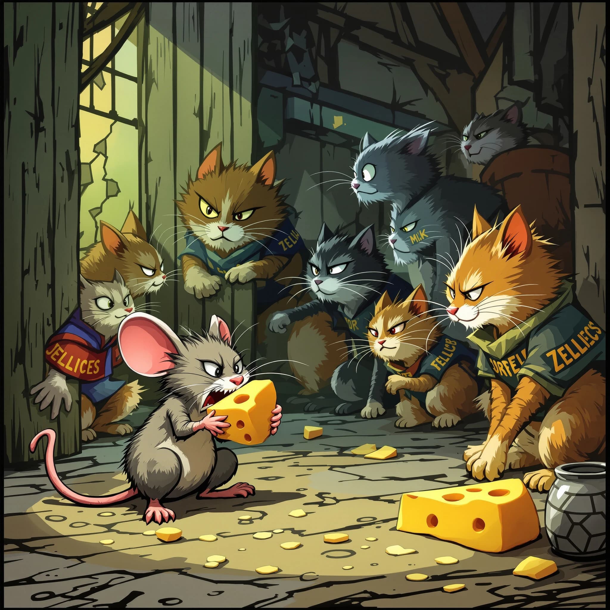 The cartoon rat clenches his thin wedge of cheese and trembles in fear as he hides from the menacing Jellicles, the roaming cat motorcycle gang, all wearing their colors with the name on the back. The cats have all drunk far too much milk and are causing a big ruckus! One cat is close to finding the rat