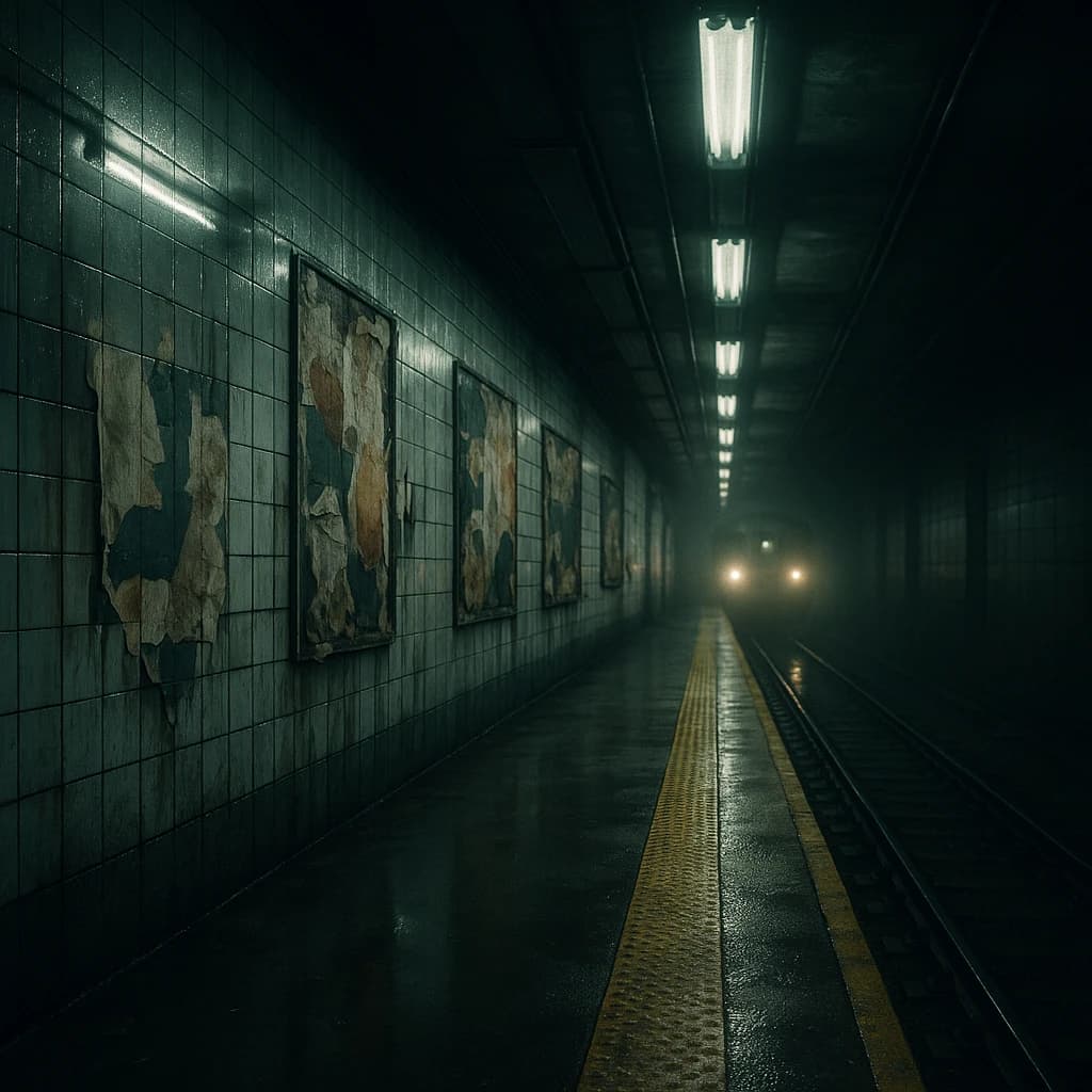 A subterranean subway platform with glossy tiles, peeling posters, flickering fluorescent lights, yellow safety line, and a distant train coming; slightly damp, echoes carry.