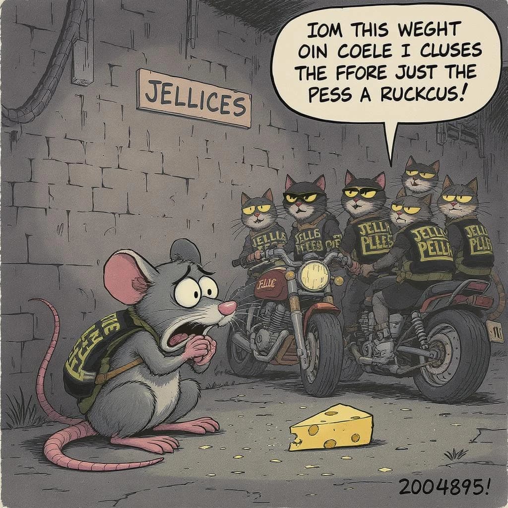 The cartoon rat clenches his thin wedge of cheese and trembles in fear as he hides from the menacing Jellicles, the roaming cat motorcycle gang, all wearing their colors with the name on the back. The cats have all drunk far too much milk and are causing a big ruckus! One cat is close to finding the rat