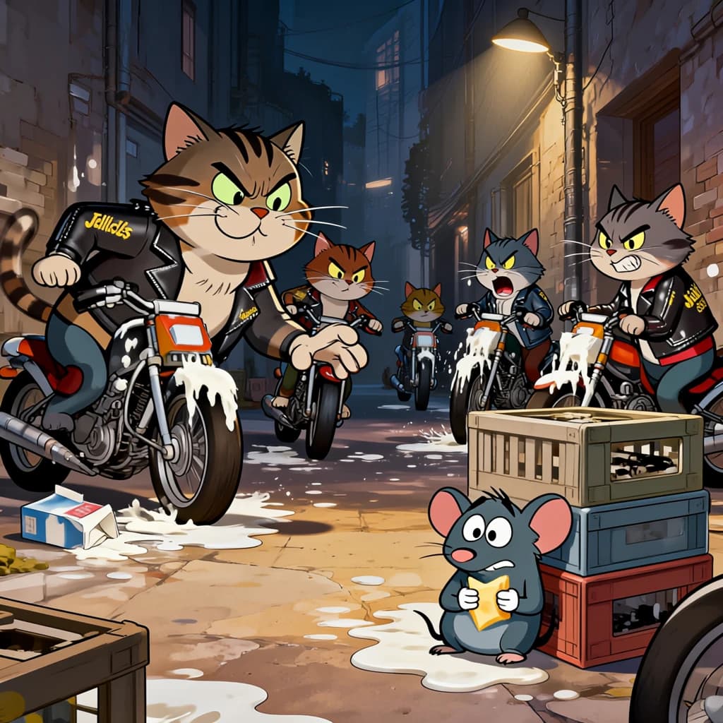 The cartoon rat clenches his thin wedge of cheese and trembles in fear as he hides from the menacing Jellicles, the roaming cat motorcycle gang, all wearing their colors with the name on the back. The cats have all drunk far too much milk and are causing a big ruckus! One cat is close to finding the rat
