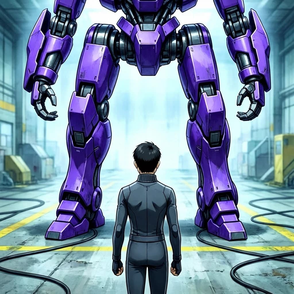 Clad in his body suit up to the neck, young Masa nervously approaches the towering mech with his back facing us. He is nervous for his first time in the field. The mech's bright purple colour scheme contrasts with the grey body suit. The scale of the mech dwarfs Masa. Hand drawn style