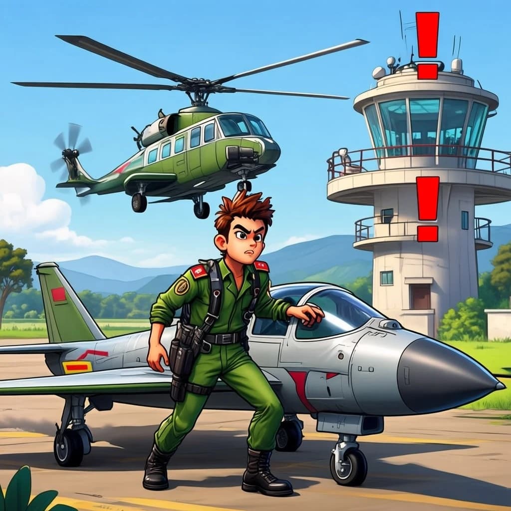 Almost at the runway, Fred the Fighter Jet is racing with Barry the Bomber to see who lands first. Fred has a mischievous trick up his sleeve but Hermione the Helicopter is going to stop him before he gets the chance. The control tower is very angry and has a big exclamation mark. Hand drawn cel look