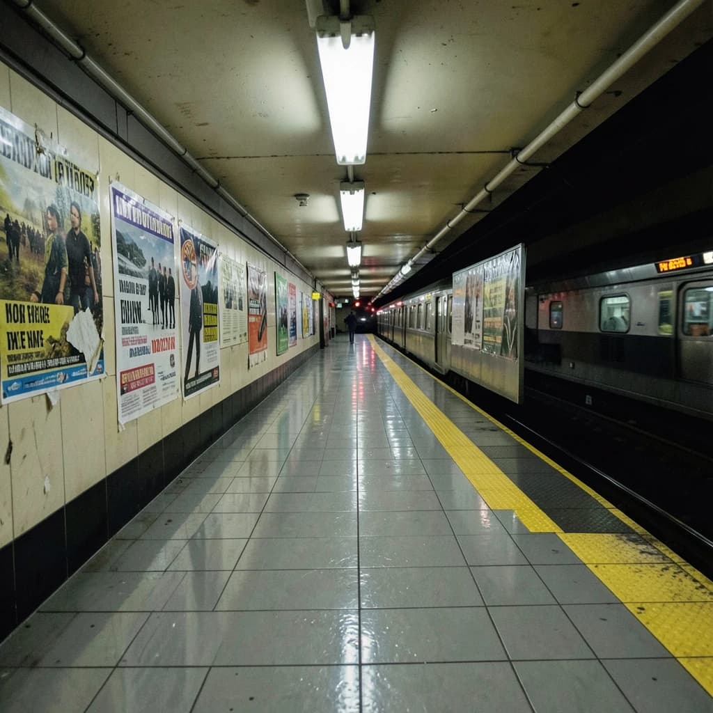 A subterranean subway platform with glossy tiles, peeling posters, flickering fluorescent lights, yellow safety line, and a distant train coming; slightly damp, echoes carry.