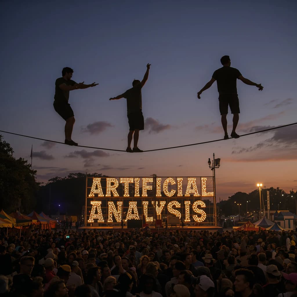 At dusk, high above a carnival crowd, three tightrope walkers balance on a single rope with no aids, one is off balance and grabbing at air. Below, the audience looks upward with baited anticipation. Artificial Analysis is spelled out in the background in carnival lights