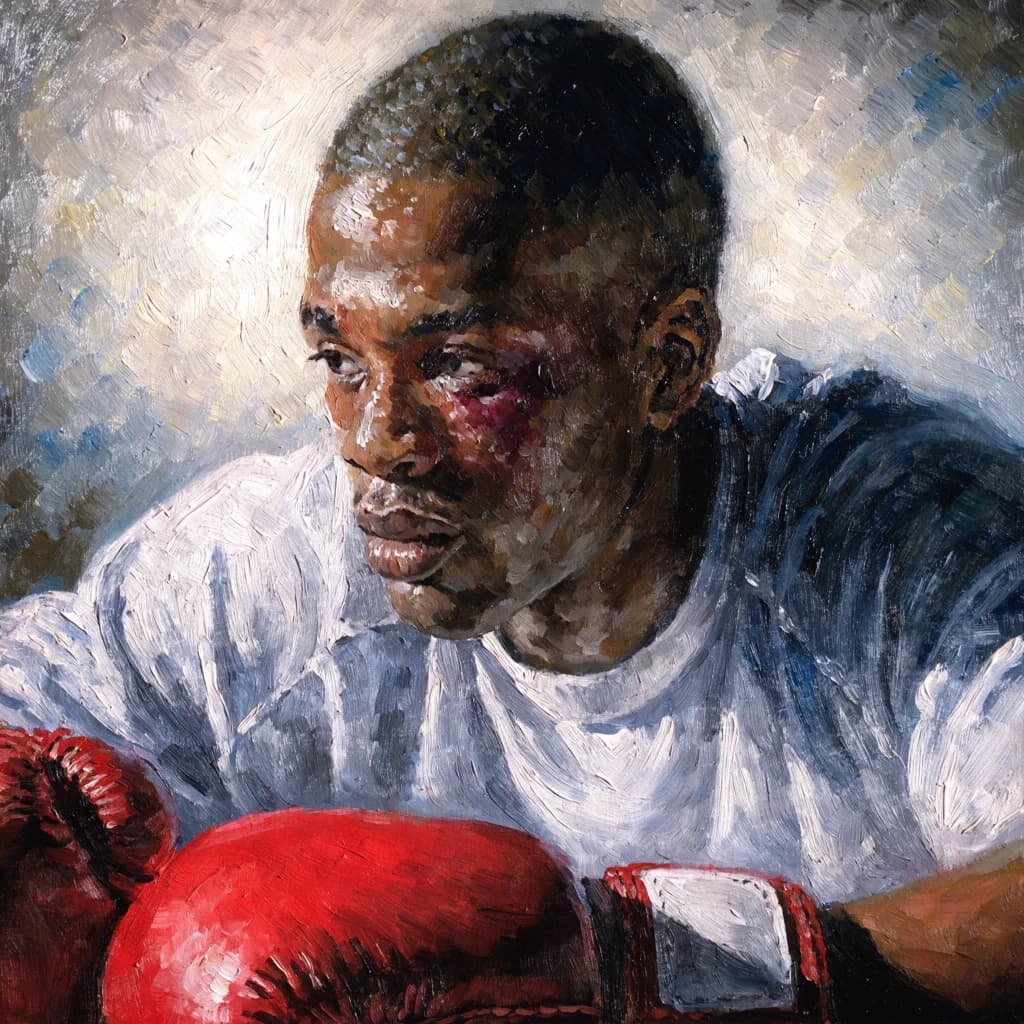 Paint a bruised boxer smiling, serious expression.