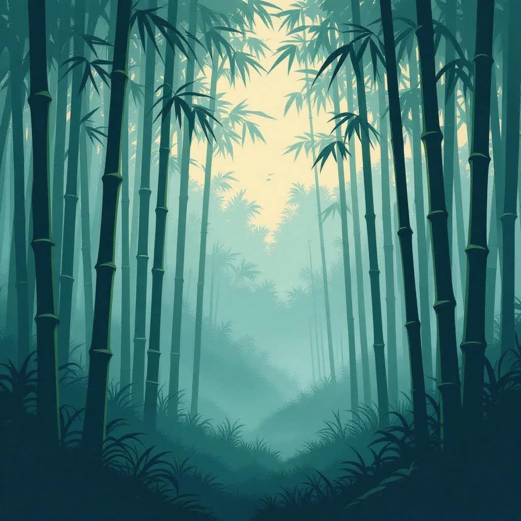 Give me a misty bamboo forest at sunrise, bold outlines, slightly cel-shaded.