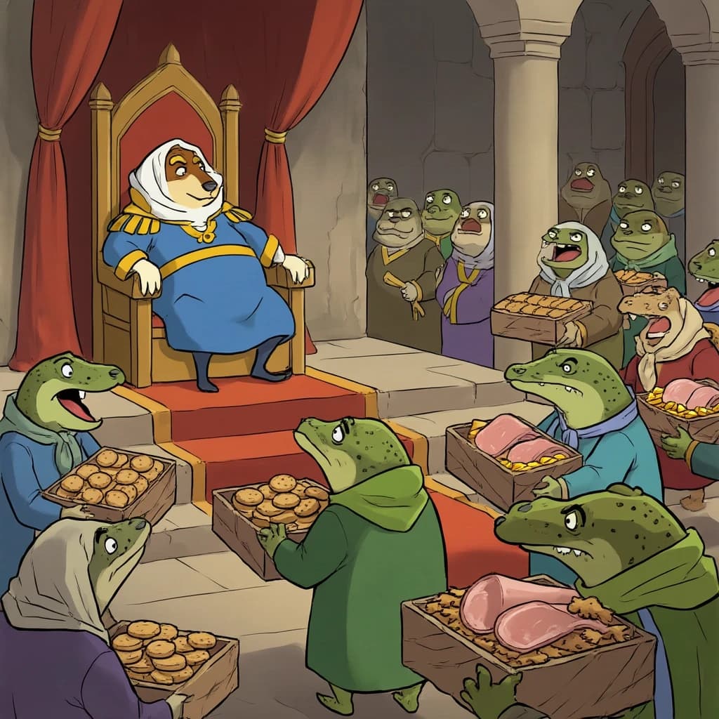 Big Weasel, the tyrannical ruler of the Levitus, slouches on his throne, his mood foul but somewhat brightened by the sight of gifts - a wearisome group of lizard traders adorned in fine silks proceed toward him through the hall with their annual tribute of biscuits, ham and gold - Big Weasel's favourites. Big Weasel's entourage looks on with stern approval.