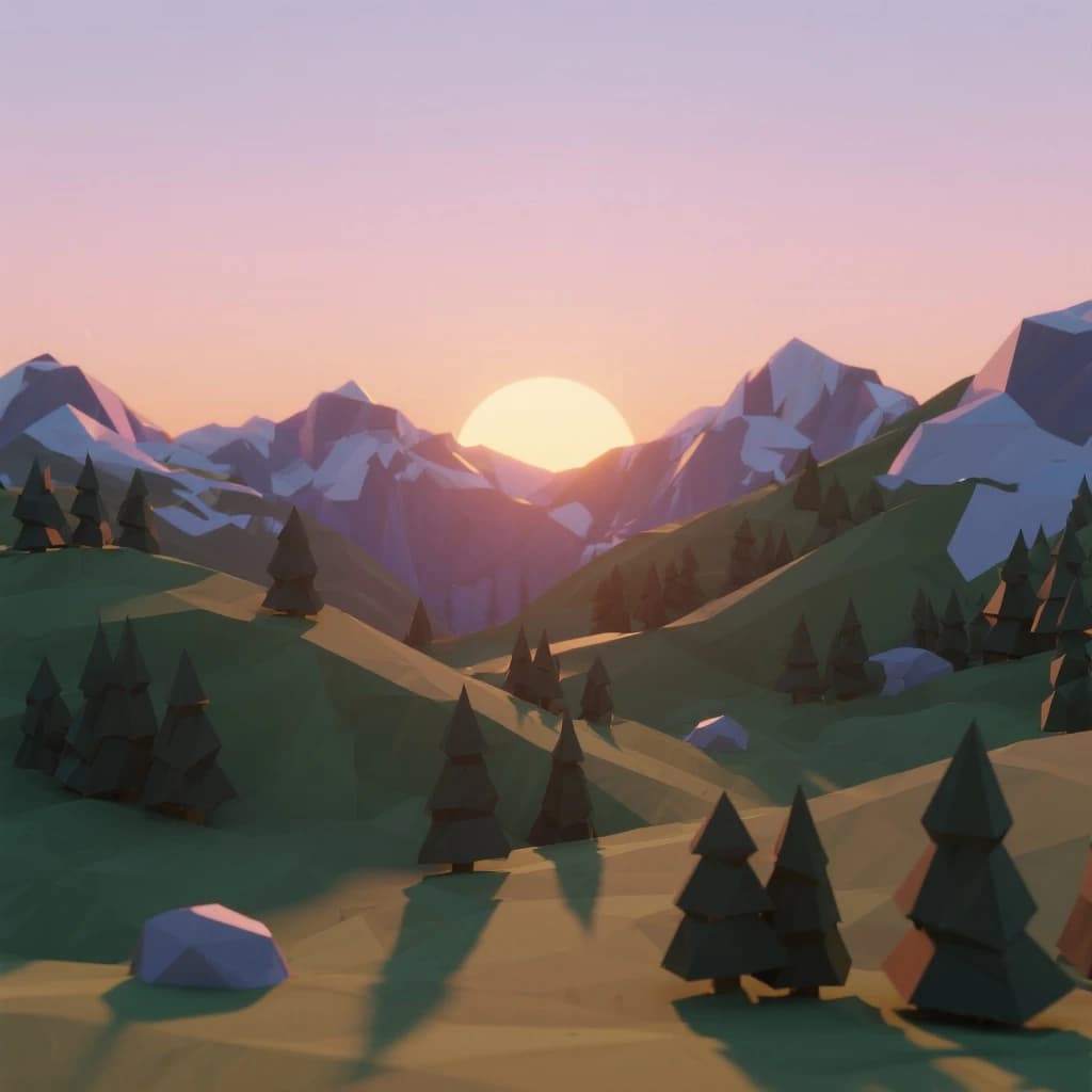 Render a low-poly alpine valley at sunset, clean gradients, long shadows.