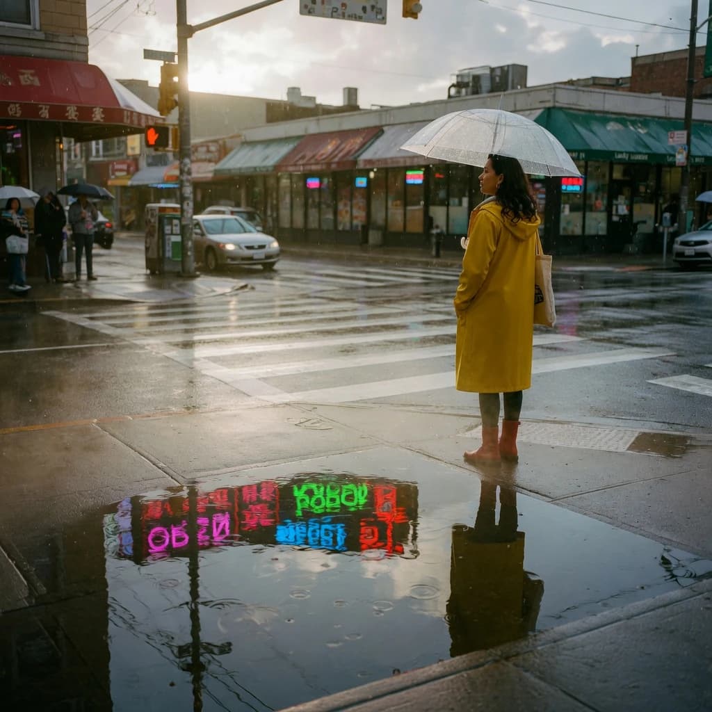 A sunlit city street after rain; puddles mirror neon signs as a woman in a yellow raincoat waits at a crosswalk, soft mist, 50mm look, natural tones, a bit of film grain.