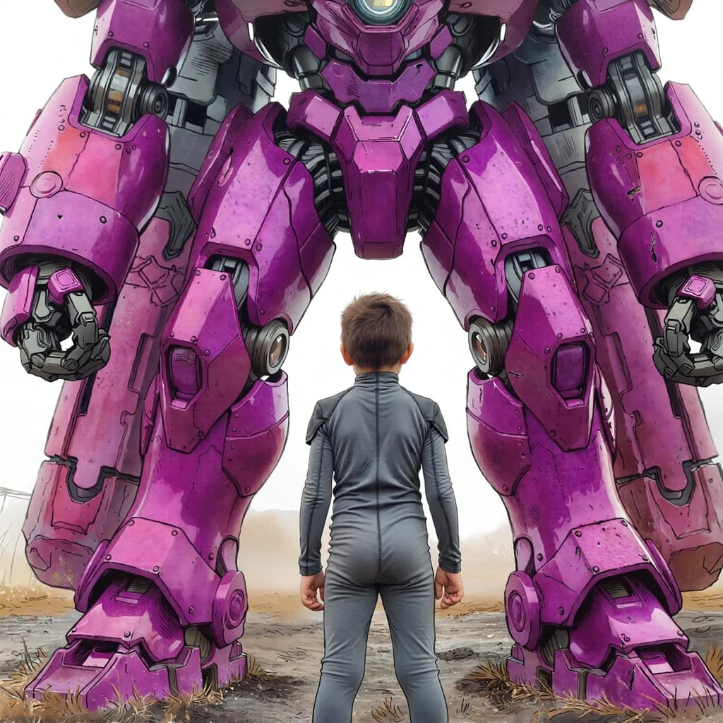 Clad in his body suit up to the neck, young Masa nervously approaches the towering mech with his back facing us. He is nervous for his first time in the field. The mech's bright purple colour scheme contrasts with the grey body suit. The scale of the mech dwarfs Masa. Hand drawn style