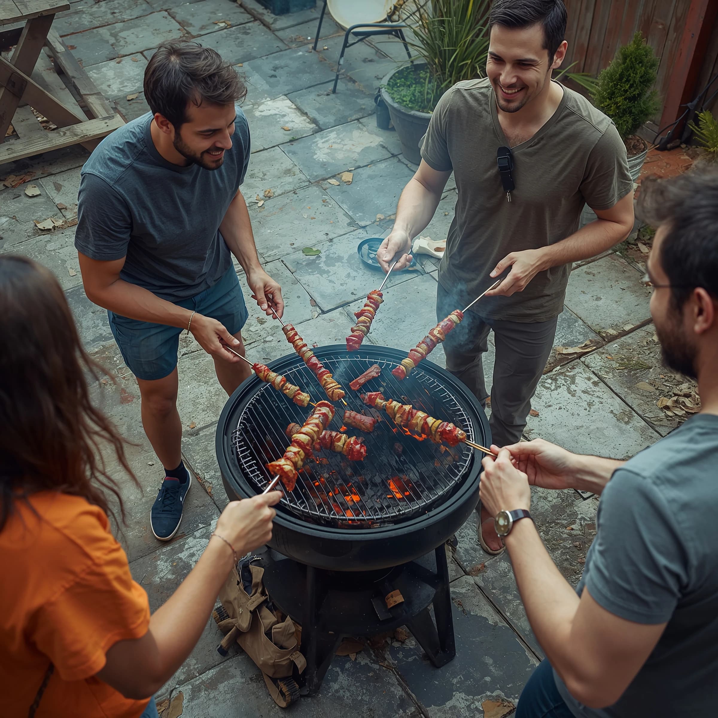 Friends grill skewers on a slightly messy patio.