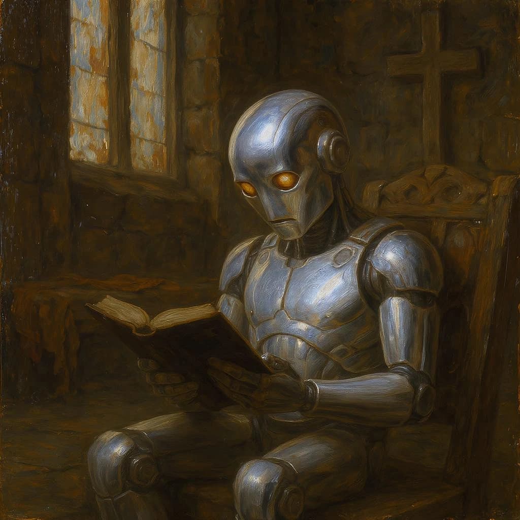 Oil painting of a chrome android reading in a stone chapel, a bit somber.