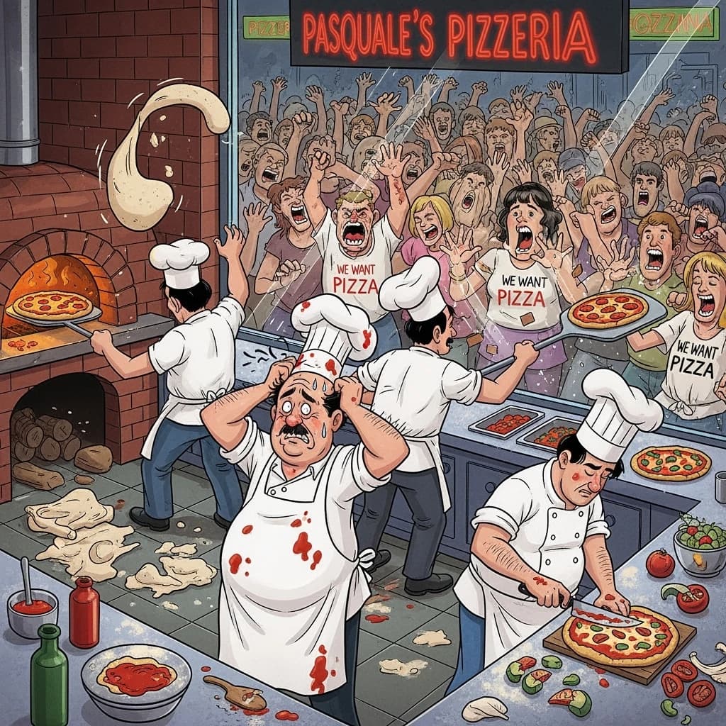 Pasquale is pulling his few remaining hairs out over a disaster at the pizzeria - the cooks are working as fast as they can but the crowds outside are swelling and they demand hot hot pizza! They are banging on the glass and some are wearing "we want pizza" shirts. 1980s western TV animation style.