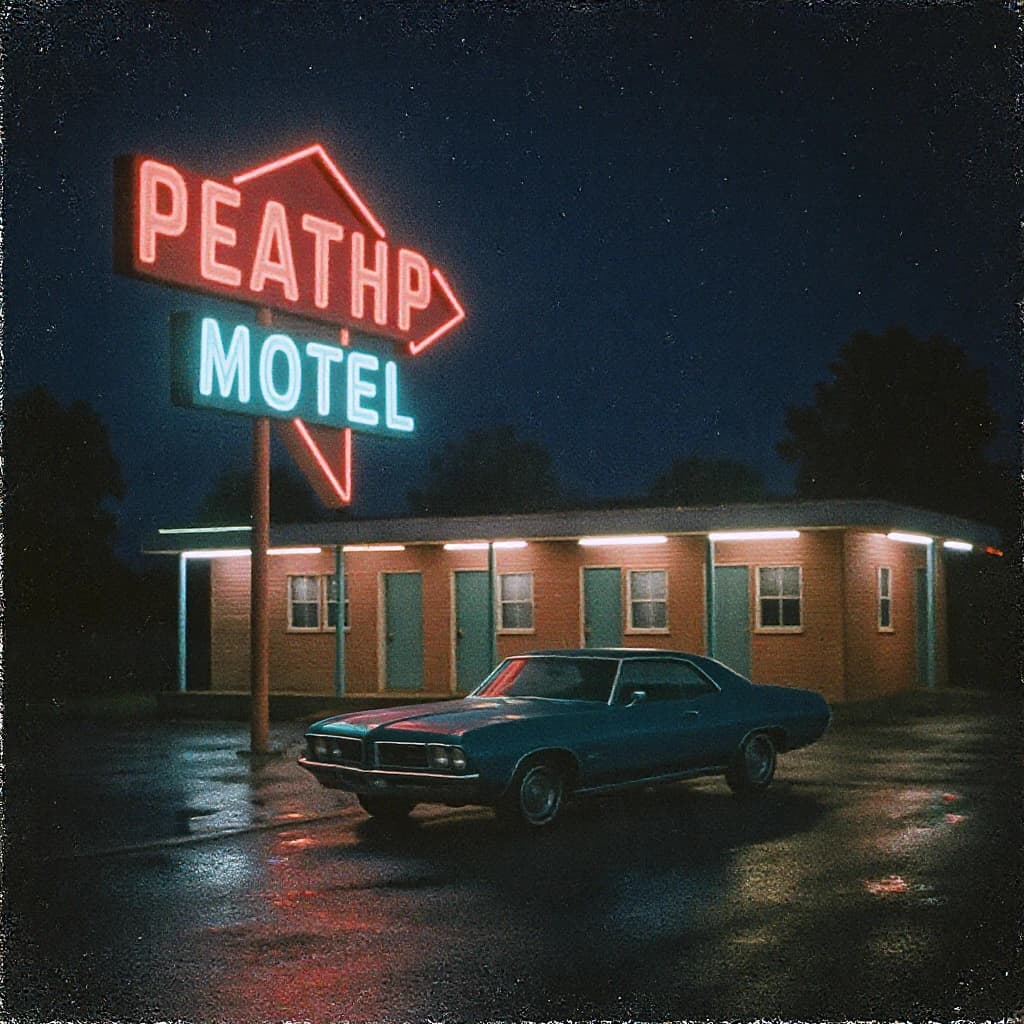 Show an old roadside motel under neon at midnight, rain on asphalt, a teal classic coupe parked; a bit of film grain, slightly faded pastels, halftone print, paper texture.