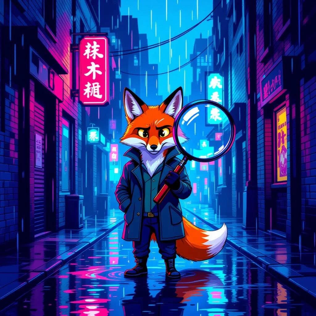 A fox detective stands in a rainy neon alley, bold outlines, flat colors, oversized magnifying glass; a bit moody, puddles reflect signs, raindrops like small dashes.