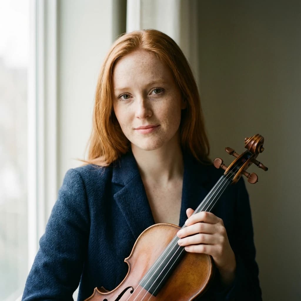 Capture a head-and-shoulders portrait of a freckled red-haired violinist in a navy blazer, soft window light, 85mm at f/1.8, gently smiling yet serious eyes, muted tones.