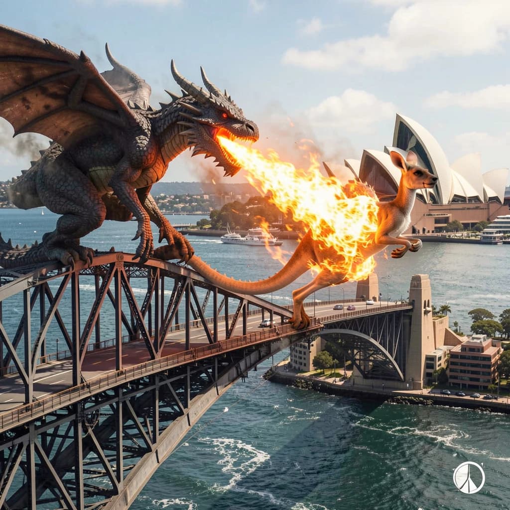 A dragon breathes fire at a kangaroo that is running away by climbing over the top of the Sydney Harbour Bridge. Opera House visible in the background.