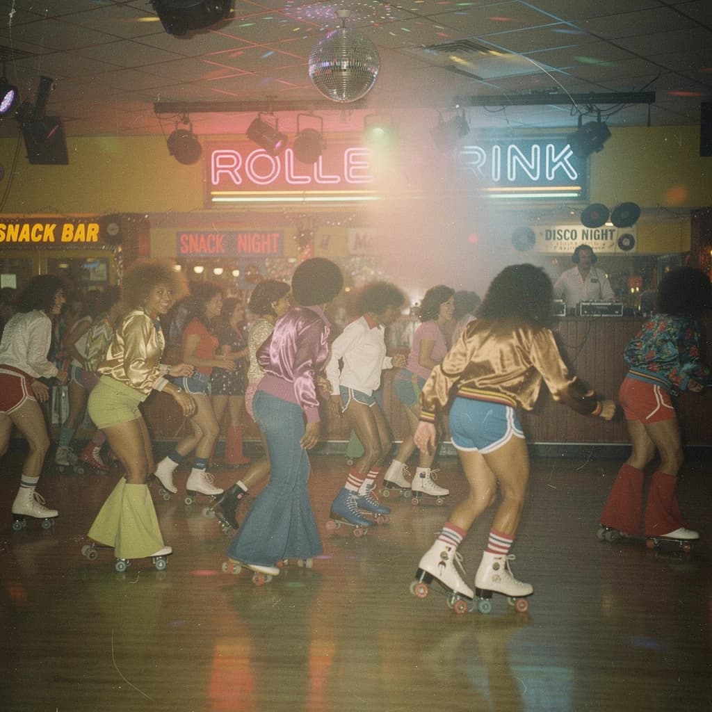A 1970s roller rink crowd skates under neon, with a bit of fade and film grain.