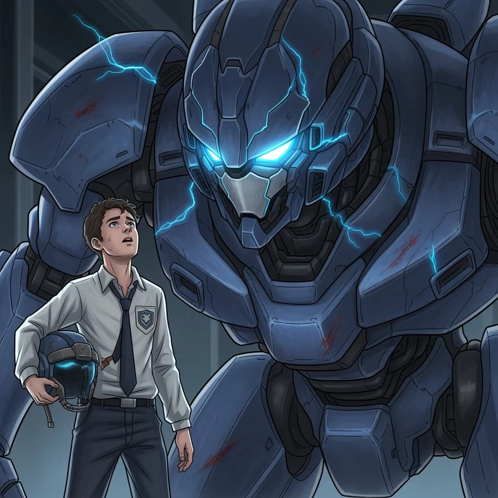 A teenage pilot grips his helmet under one arm, standing at the edge of a glowing hangar bay. Before him looms a sleek, steel-blue mech, its eyes lit with a cold electric glare. His school uniform is rumpled, a sharp contrast to the machine’s flawless plating. The vast scale engulfs him in shadow, emphasizing both awe and dread. Hand-drawn anime style.