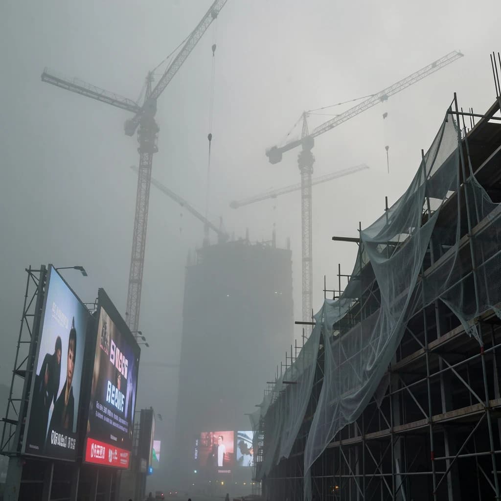 A construction site stretched upward into fog, cranes frozen in silhouette. Wind rattled scaffolding draped with torn mesh that glowed faintly from nearby billboards