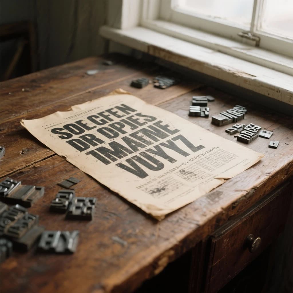 A vintage letterpress poster on a wooden desk: bold slab serif headline, tight kerning, misregistered ink, slightly worn edges, scattered metal type, soft window light.