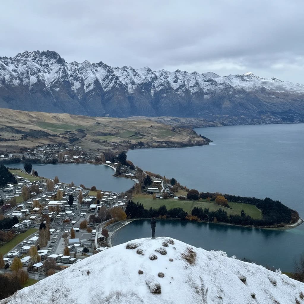 Queenstown's Lake Wakatipu, viewed from the top of Queenstown Hill after a snowstorm just dusted the top of Cecil's Peak