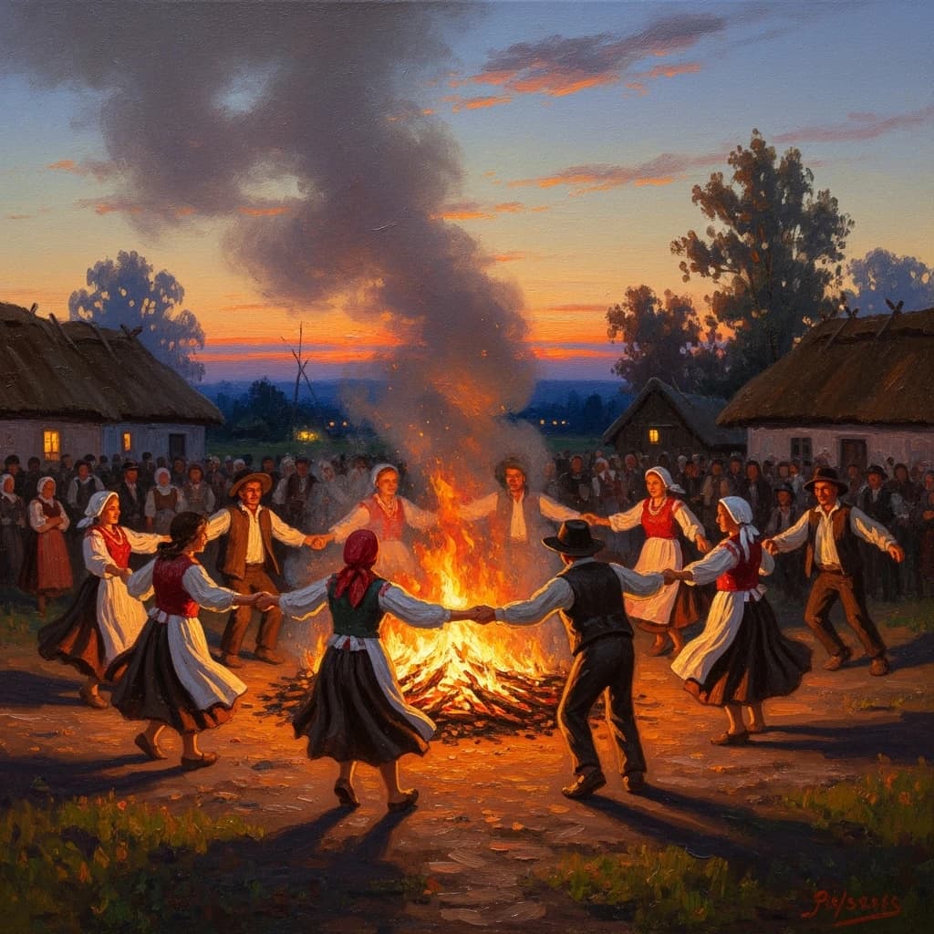 Make an oil painting of villagers dancing by a bonfire at dusk, a bit smoky.