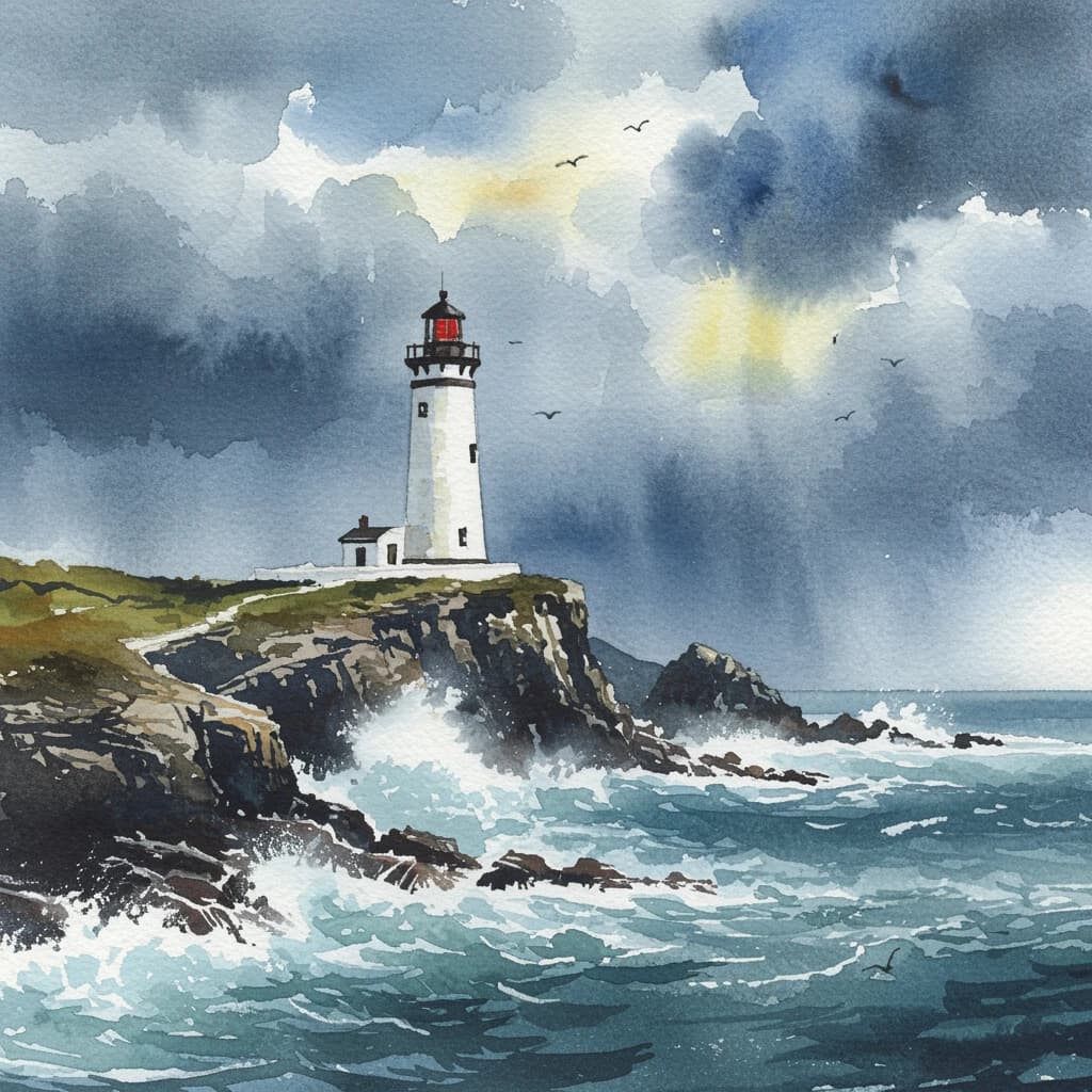 Please paint a watercolor of stormy cliffs and a lighthouse, moody sky.