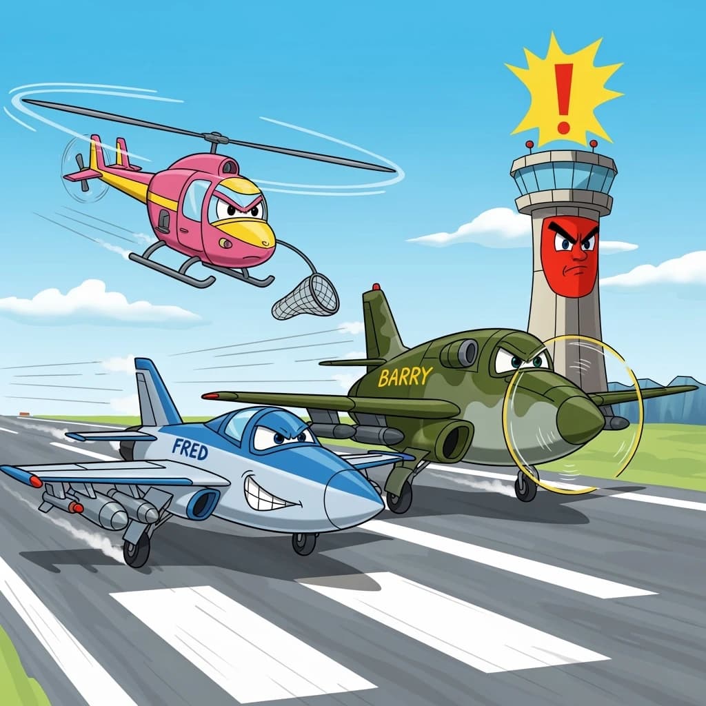 Almost at the runway, Fred the Fighter Jet is racing with Barry the Bomber to see who lands first. Fred has a mischievous trick up his sleeve but Hermione the Helicopter is going to stop him before he gets the chance. The control tower is very angry and has a big exclamation mark. Hand drawn cel look