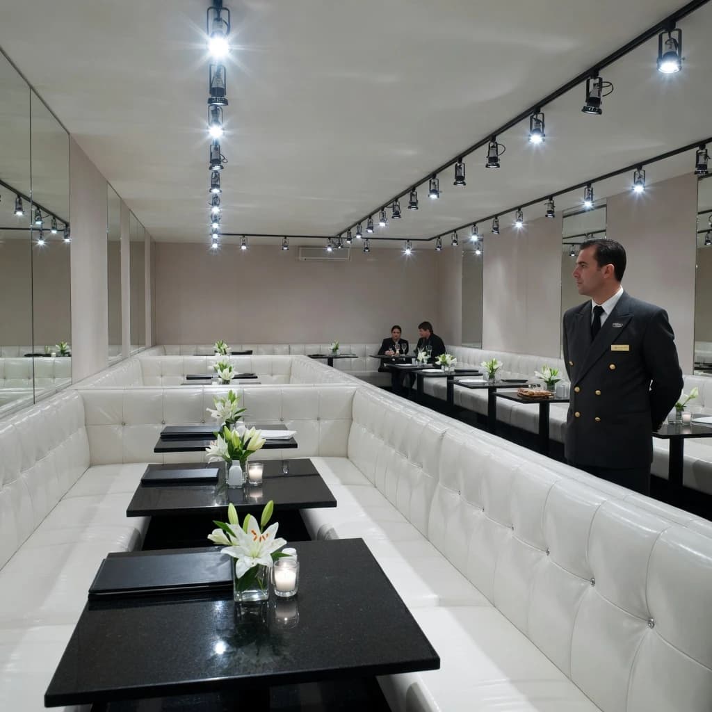 The place is almost empty. The banquettes are covered in white leather, the tables black granite, and the entire room is bathed in halogen track lighting that seems too bright. The maître d’ wears a double-breasted wool crepe jacket. There are lilies on every table.