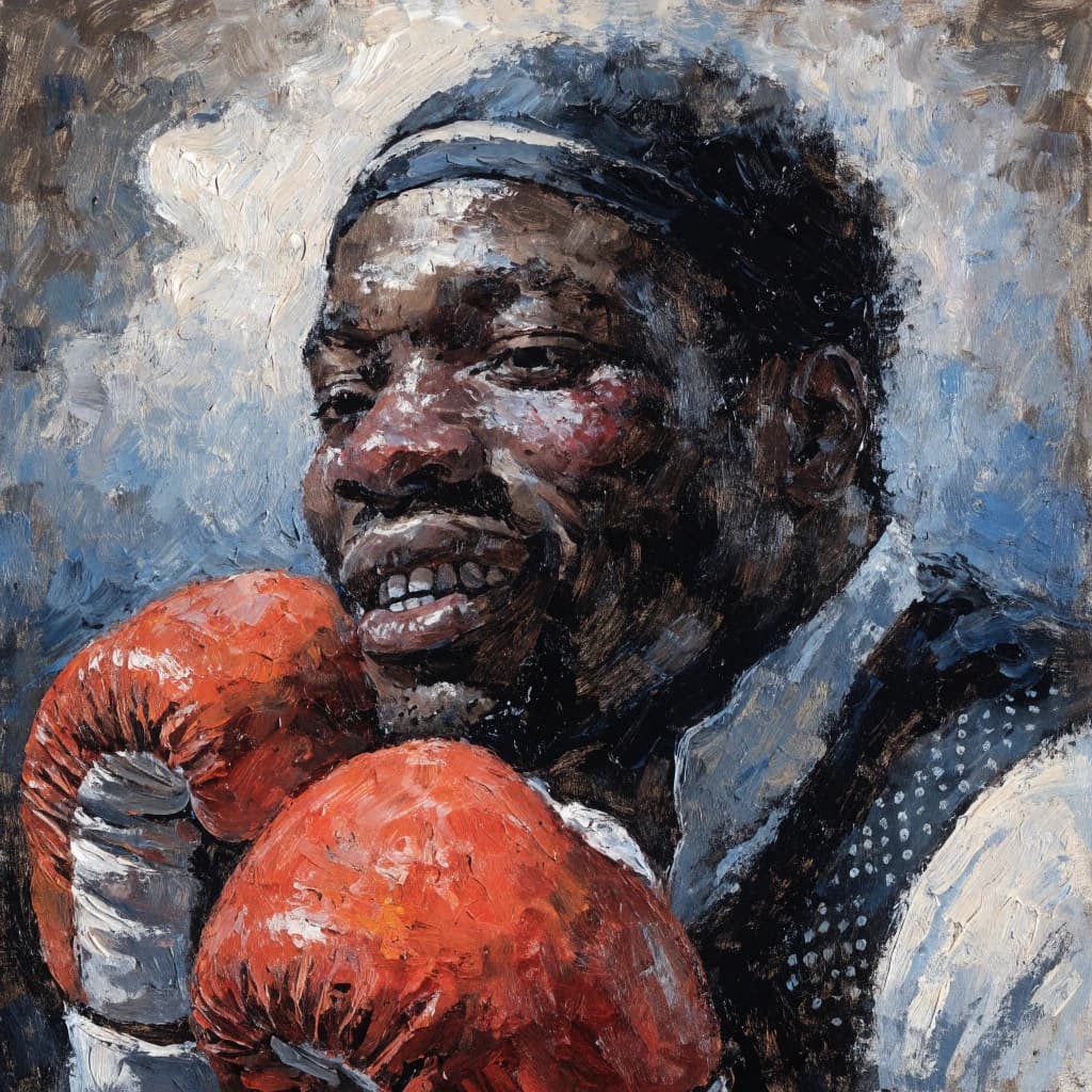 Paint a bruised boxer smiling, serious expression.
