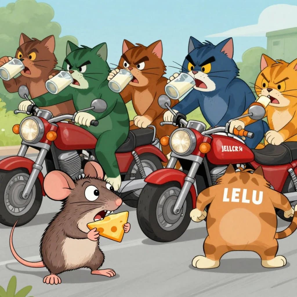The cartoon rat clenches his thin wedge of cheese and trembles in fear as he hides from the menacing Jellicles, the roaming cat motorcycle gang, all wearing their colors with the name on the back. The cats have all drunk far too much milk and are causing a big ruckus! One cat is close to finding the rat