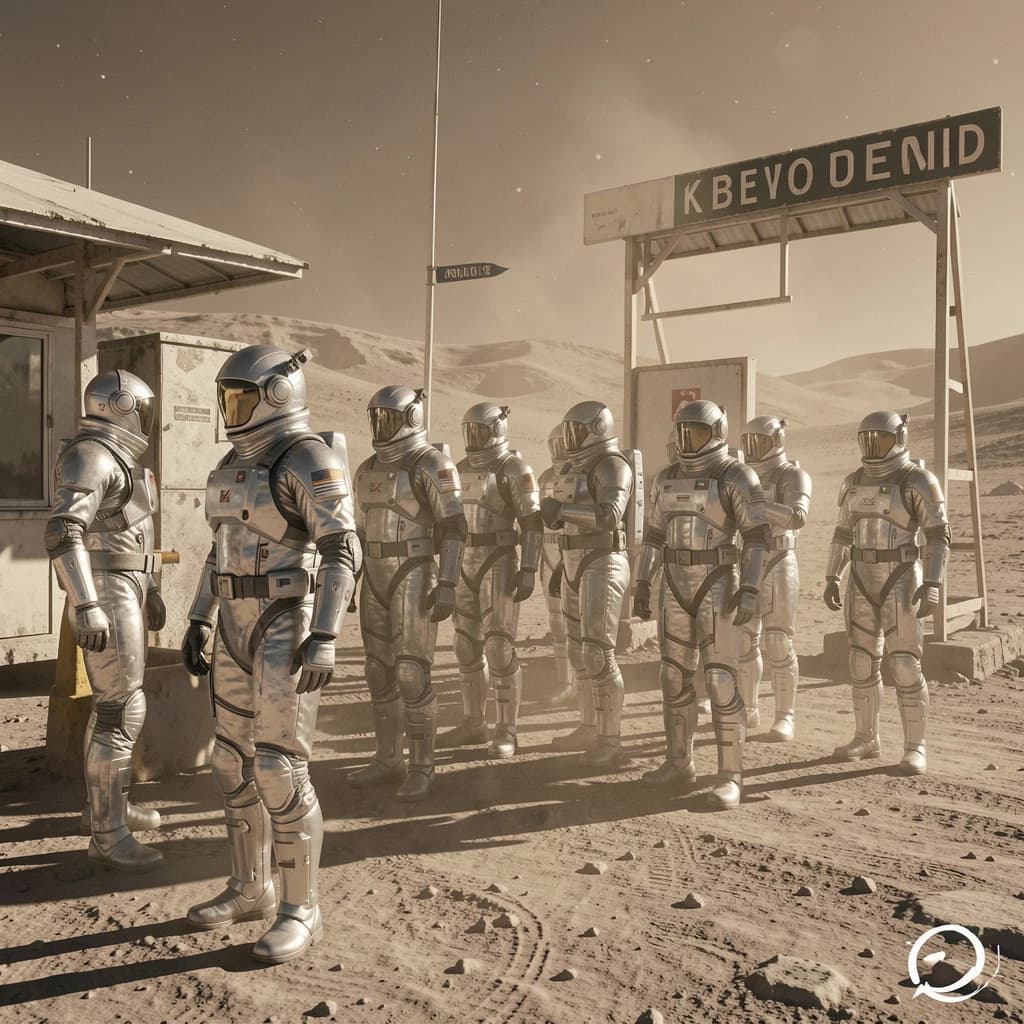 Silver exosuits queue at a dusty lunar checkpoint.