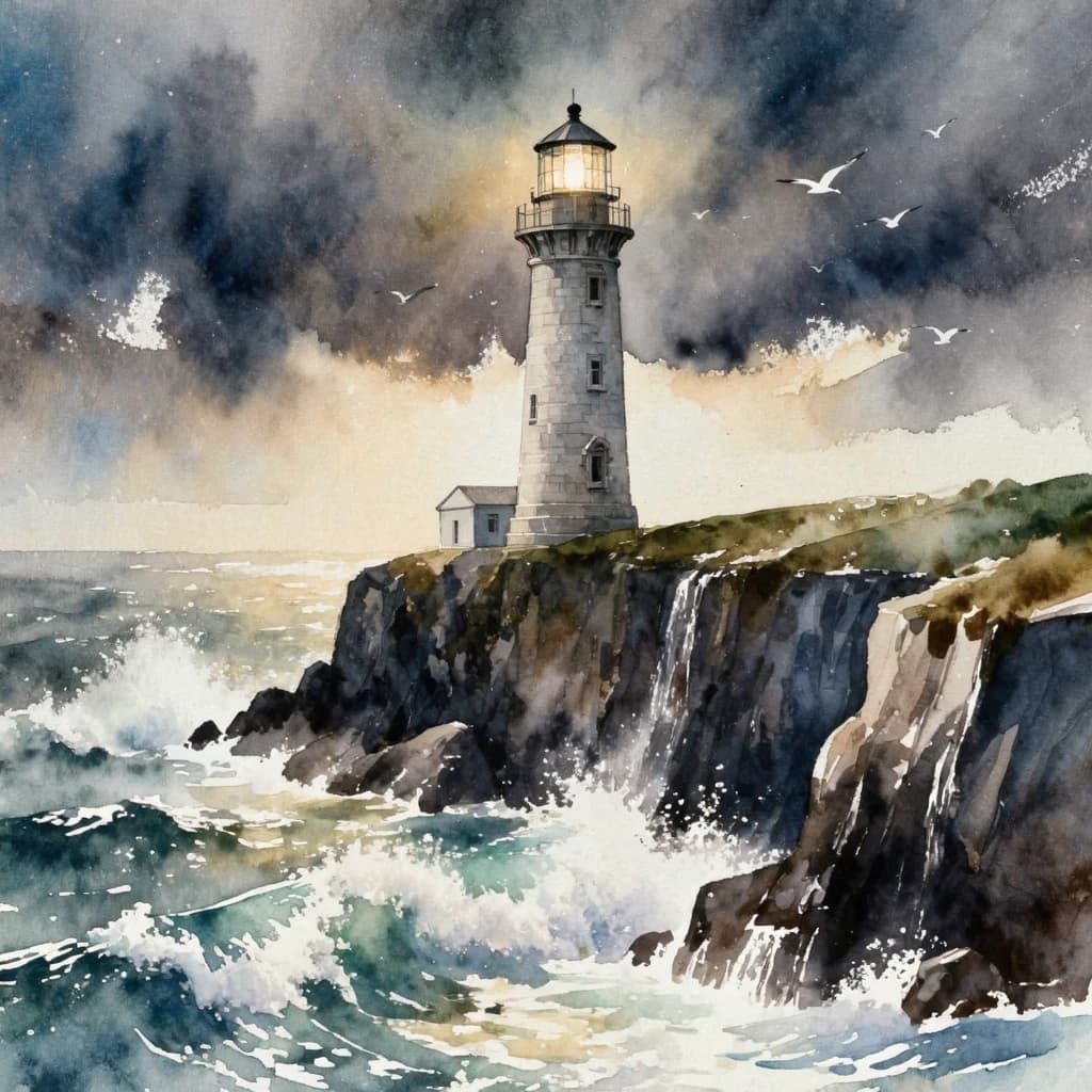 Please paint a watercolor of stormy cliffs and a lighthouse, moody sky.