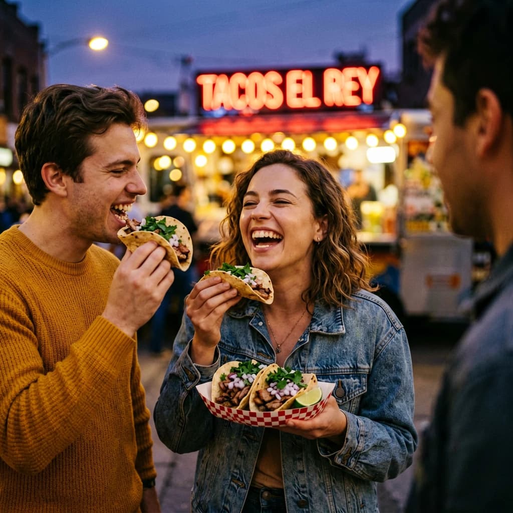 Friends laugh over street tacos at dusk, candid, shallow depth.