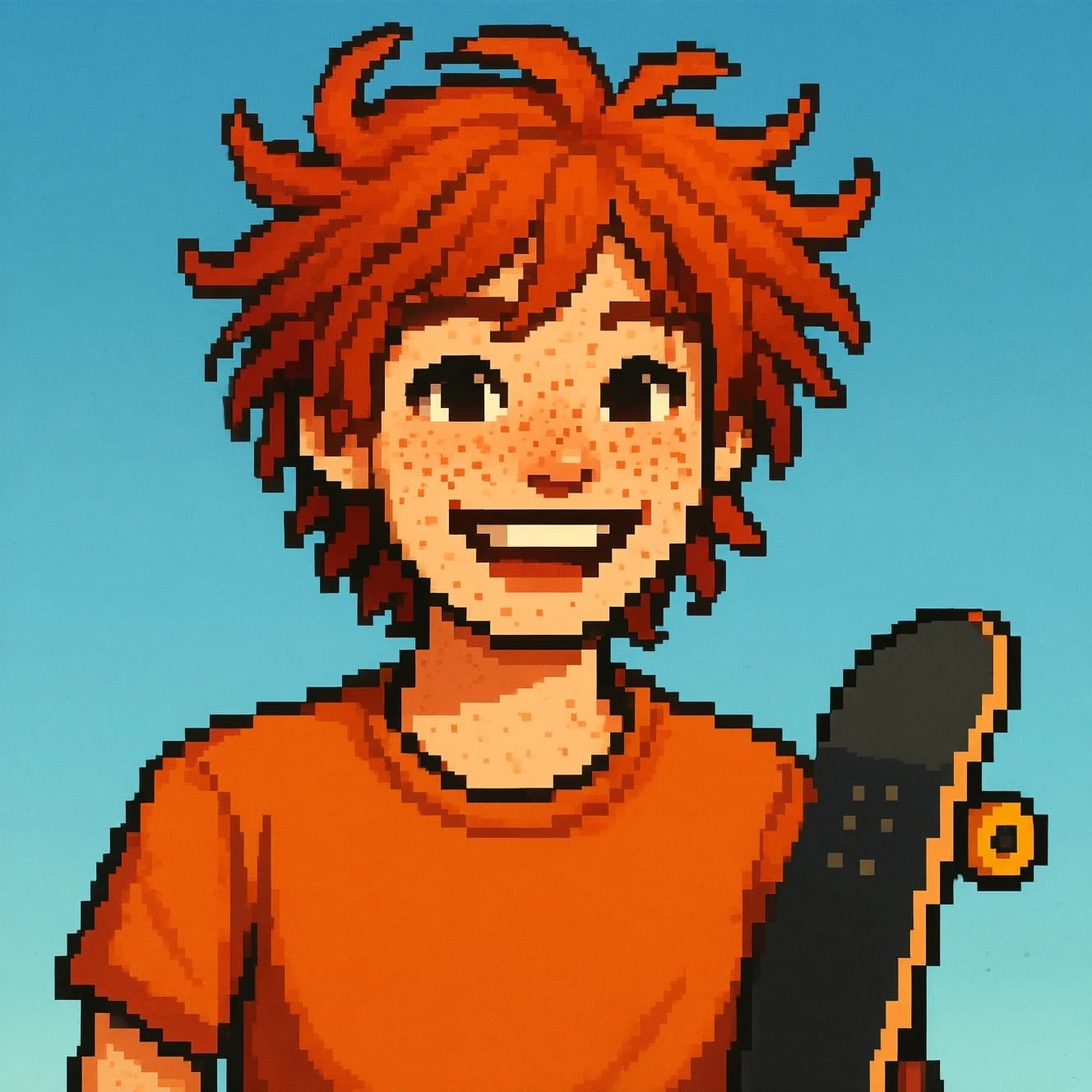 A cel-shaded portrait of a freckled skateboarder, messy red hair, bright grin.