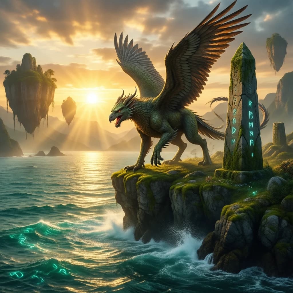 At dawn, a winged griffin lands on a mossy cliff above a jade sea beside a runed obelisk; floating isles drift under golden sunbeams, with a bit of sea spray and glowing runes.
