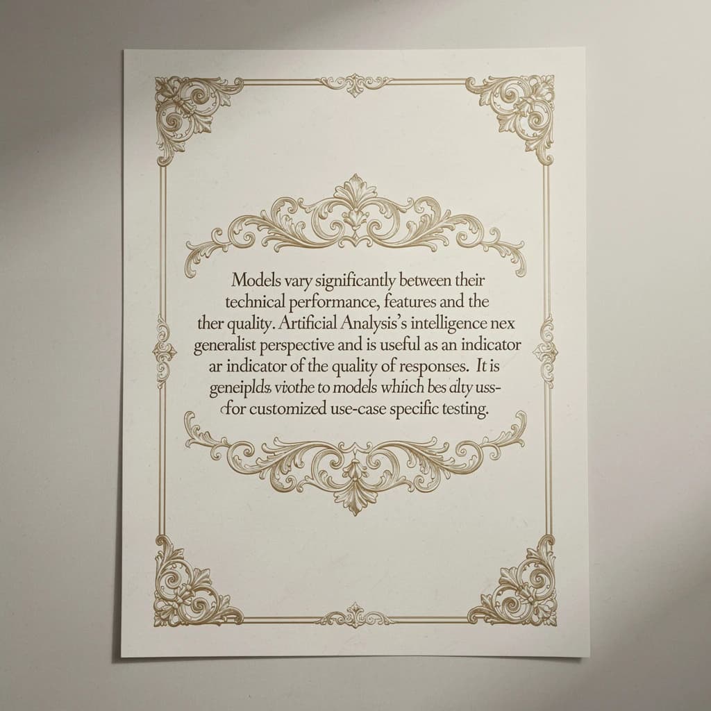 On a flat layout, write in an ornate baroque style "Models vary significantly between their technical performance, features and their quality. Artificial Analysis's intelligence index represents a generalist perspective and is useful as an indicator of the quality of responses. It is generally advisable to develop a short-list of models which best suit your use-case for customized use-case specific testing. "