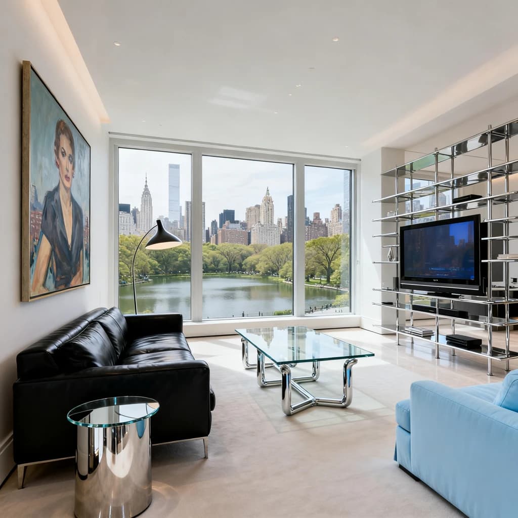 My apartment overlooks Central Park. It’s very luxurious, very expensive, and the furniture is minimal — a black leather couch, a glass coffee table with chrome legs, an Arne Jacobsen floor lamp. A big-screen television set rests on a steel shelving unit. A David Onica painting hangs above the couch. There’s a stainless steel and glass cocktail table. A powder-blue sofa. A thirty-inch digital TV.