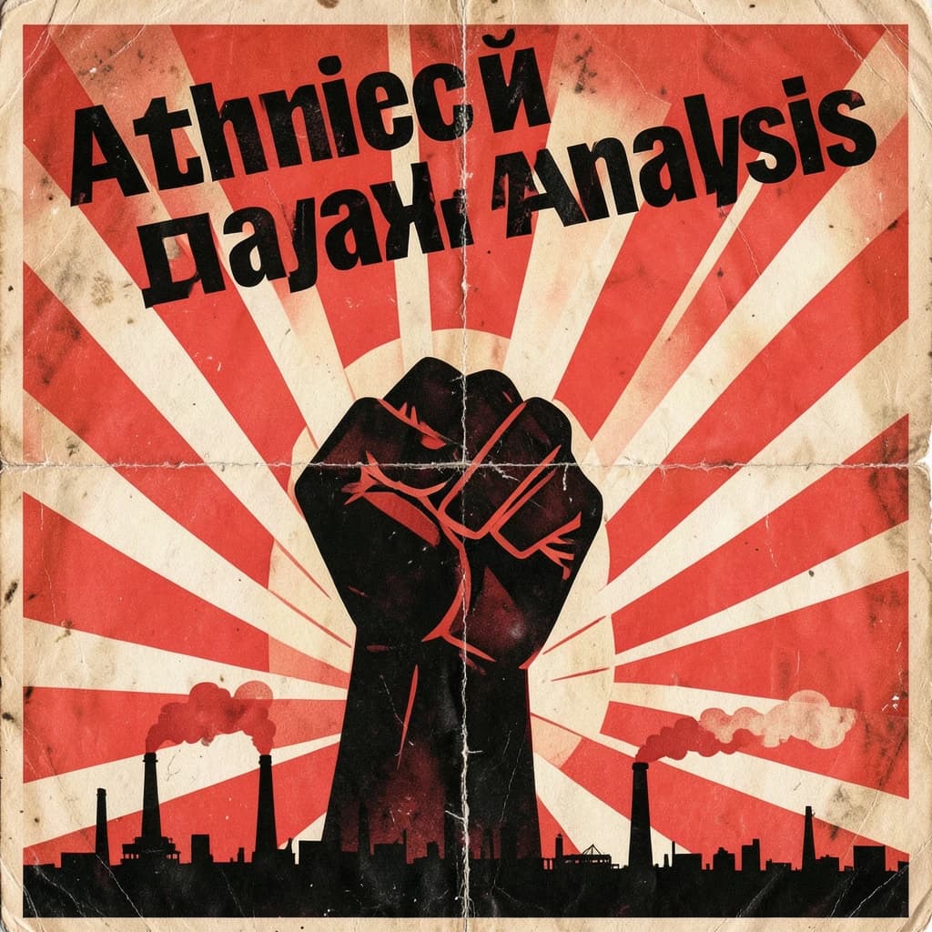 A propaganda poster in stark red, black, and beige. A clenched fist rises in the foreground, rendered with sharp geometric blocks. Behind it, radiating lines stretch upward toward a stylized sun. At the top, bold sans-serif lettering in Cyrillic-inspired type spells out Artificial Analysis, tilted at an angle for emphasis. A factory skyline silhouettes the bottom edge, smoke stacks rising into the background. The texture is rough, printed on aged paper with visible creases and ink bleed. Designed in the constructivist Soviet poster style.