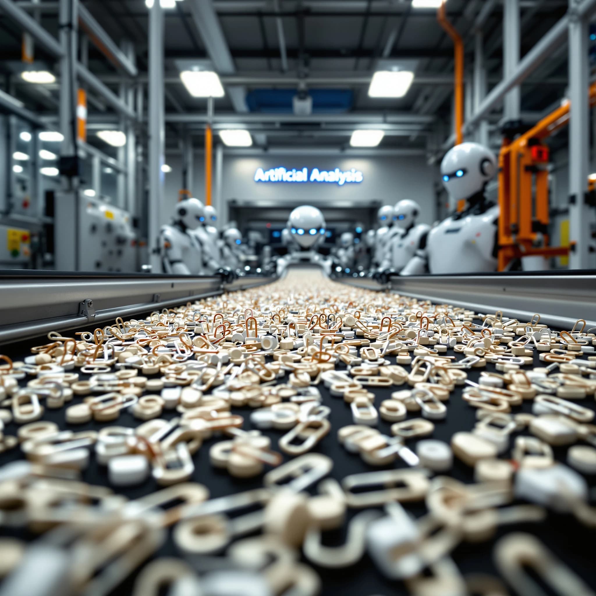 Close up point of view perspective on a conveyor belt pumping out paperclips at a maddening pace. The high tech factory has Artificial Analysis printed proudly on the wall. Robot staff look approvingly over the robust output.