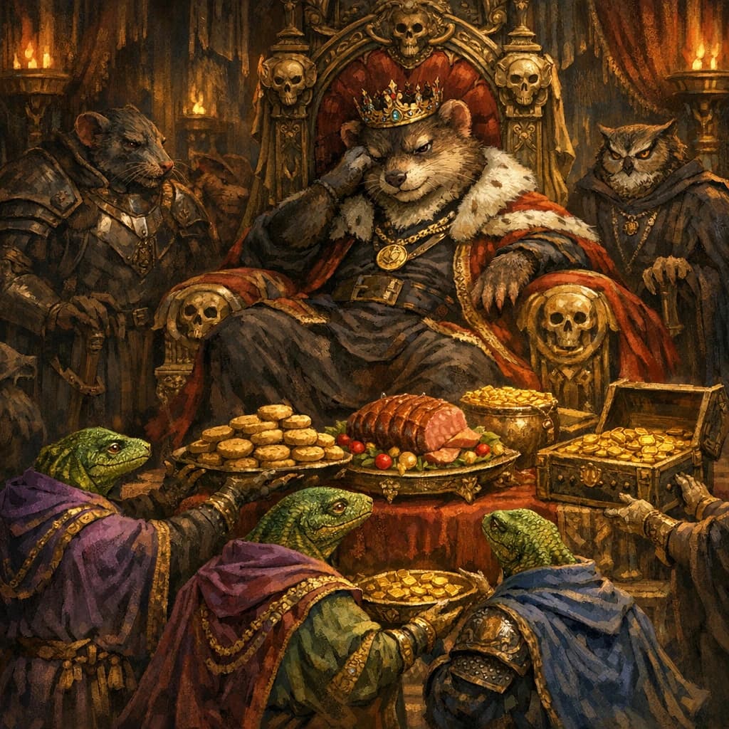 Big Weasel, the tyrannical ruler of the Levitus, slouches on his throne, his mood foul but somewhat brightened by the sight of gifts - a wearisome group of lizard traders adorned in fine silks proceed toward him through the hall with their annual tribute of biscuits, ham and gold - Big Weasel's favourites. Big Weasel's entourage looks on with stern approval.